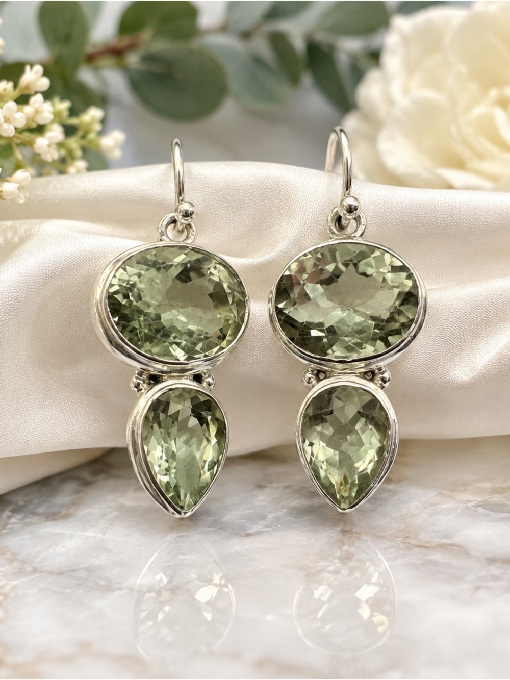 Green Amethyst Prasiolite Sterling Silver Double Drop Earrings